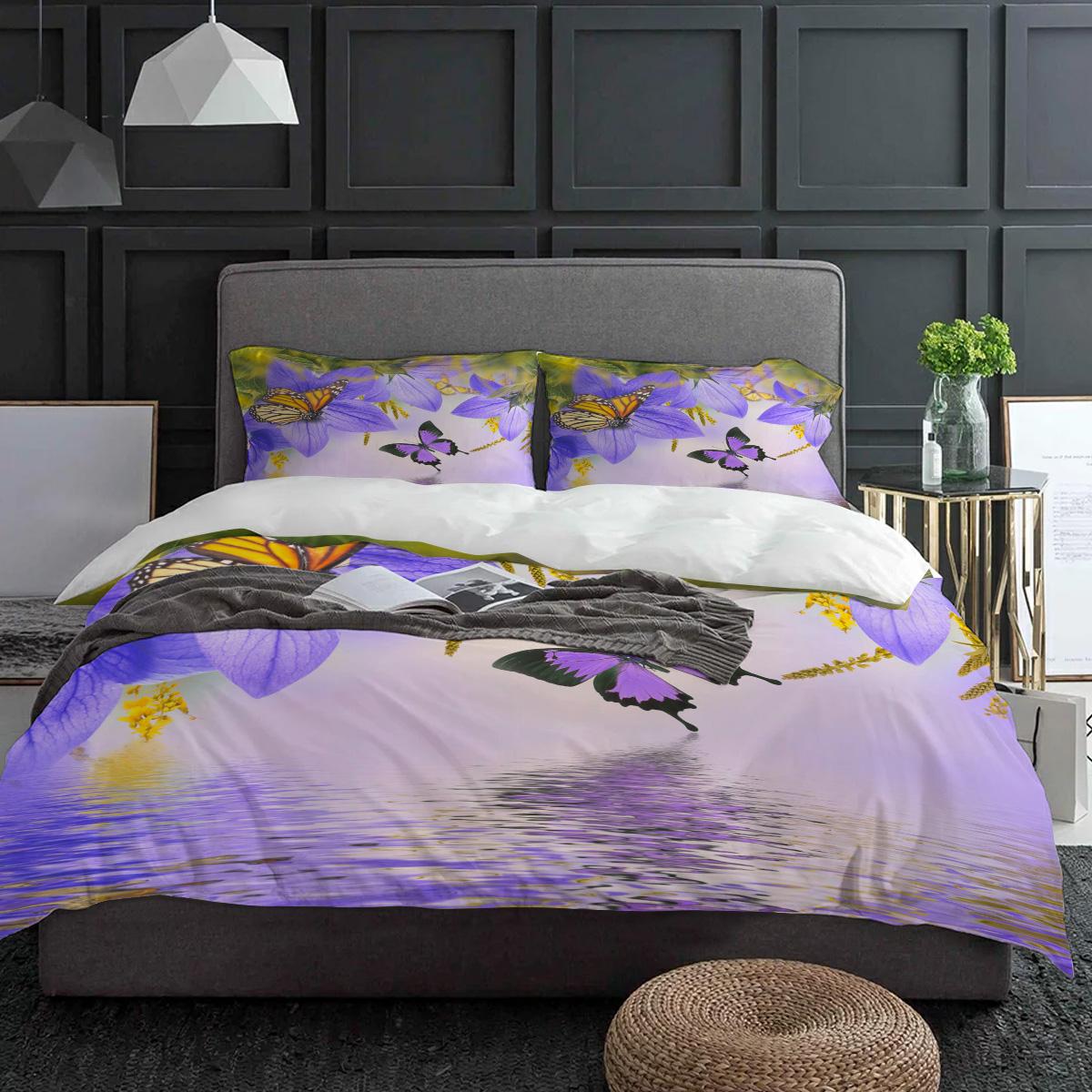 

Butterfly Flower Purple Bedding Set 3pcs Boys Girls Duvet Cover Pillowcase Kids Adult Quilt Cover Double Bed Set Home Textile (135x200cm)