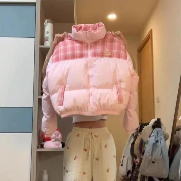 Stand-up Collar Short Thickened Thermal Jacket Winter New Plaid Versatile Contrasting Color Splicing Cotton-padded Coat