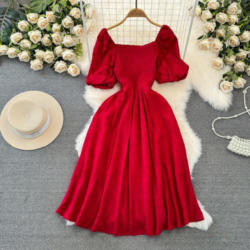 Fashion Dress for Women Square Collar Puff Sleeve A-line Floral Texture Vestido Womens Solid Color Folds Dresses Summer Dropship
