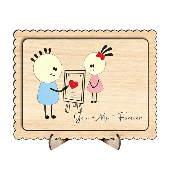 Wooden Couple Table Sign with Stand Farmhouse Rustic Cartoon Couple Ornament Valentine's Day Anniversary Wedding Party Decoration