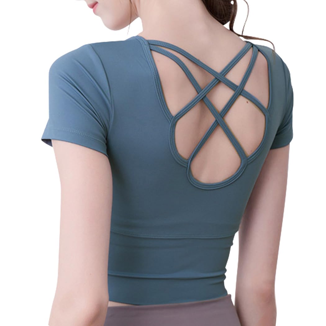 

DAYCLOSET Топ для йоги с короткими рукавами yoga151 Женский с чашечками, рукавами, эластичный, легкий, (Л, Синий) синий