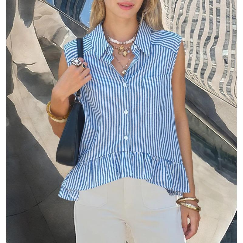 Camicia da Donna a Righe Senza Maniche con Bottoni, Orlo Arricciato e Taschino sul Petto, Top Estivo Casual Multicolore
