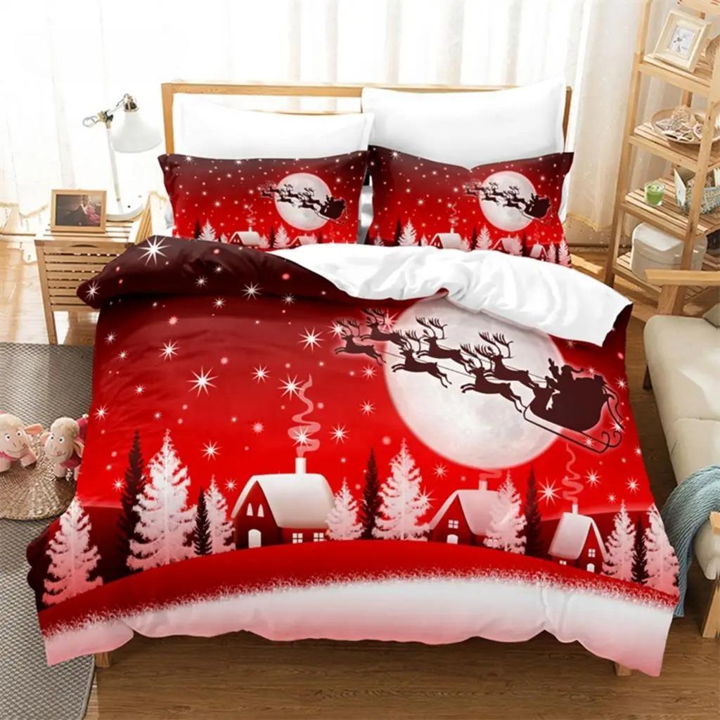Weihnachts-Bettbezug-Set mit Weihnachtsmann-Motiv, Weihnachtsschlitten-Bettwäsche-Set, weich, bequem, atmungsaktiv, Bettbezug für Schlafzimmer und Gästezimmer
