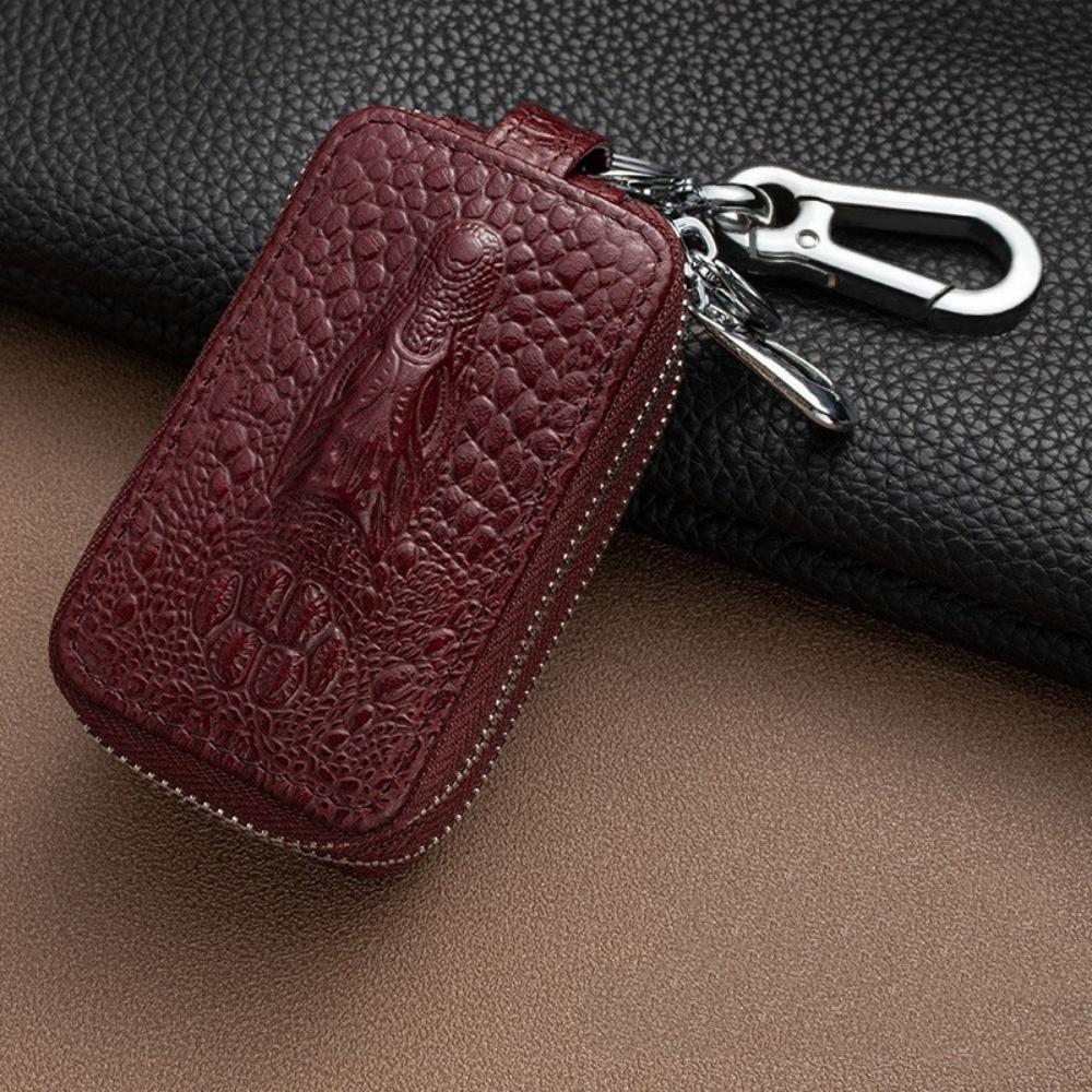 Genuine Leather Double Layer Car Key Case Crocodile Print Zipper Holder Keychain Organizer For Men Women Key Wallet Accessories