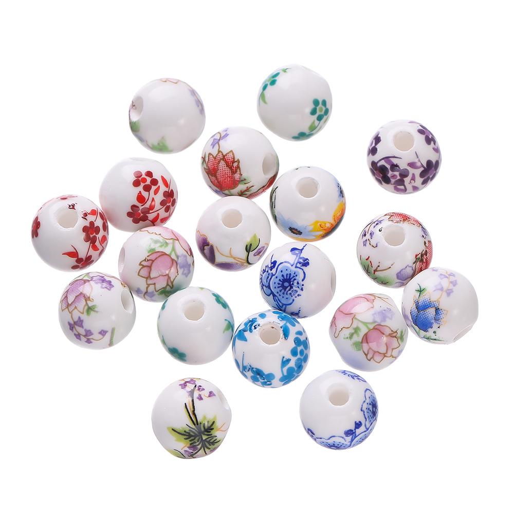 10-20pcs Flower Pattern Round Ceramic Beads Necklace Loose Spacer Beads For DIY Bracelet Charm Crafts Jewelry Making Findings