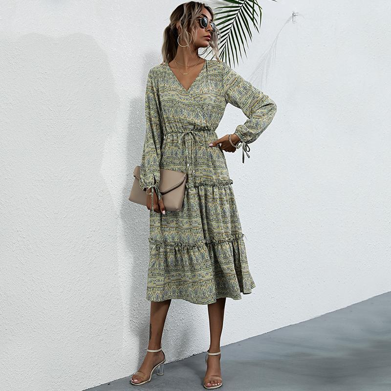 YYFS Women's Vintage Floral Print Long Sleeve V-Neck Casual Dresses