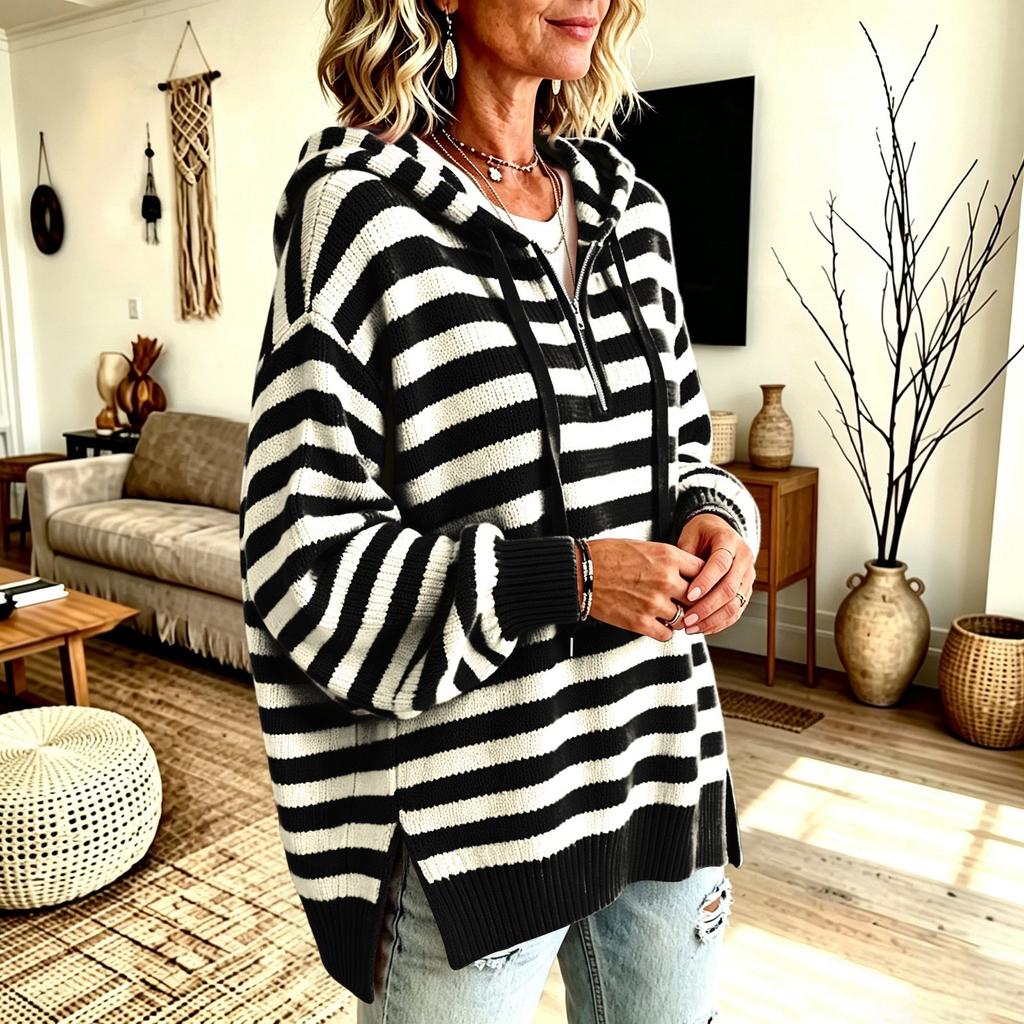 Maglione da donna vintage a righe con cappuccio e mezza zip