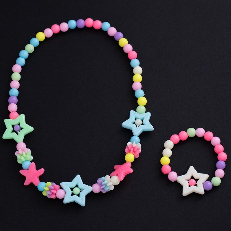 Boys And Girls Baby Princess Candy Color Beaded Necklace Bracelet Set Flower Pearl Bow Dress Accessories