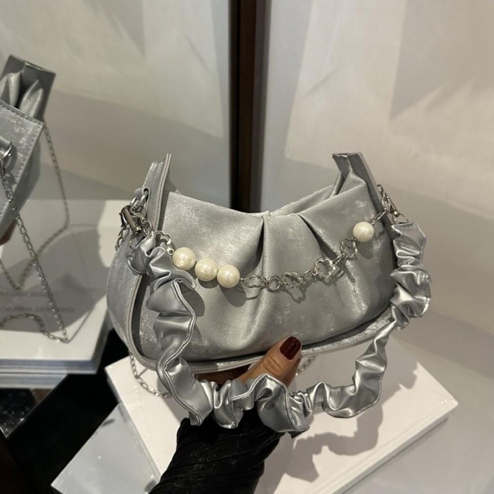 PU Leather Pearl Chain Crossbody Bag Korean Style Pleated Handbag Cloud Shoulder Bag Office Worker