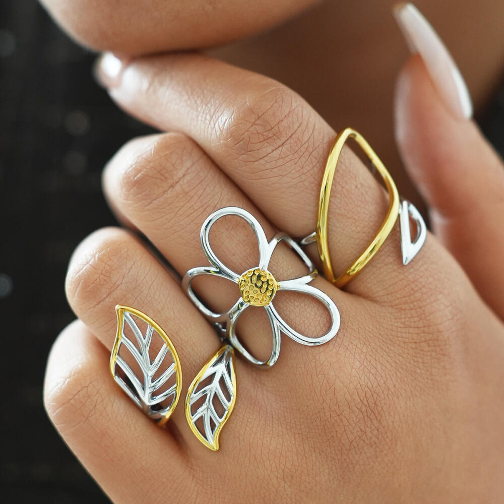 Stainless Steel Daisy Leaf Rings for Women Men Vintage Gold Silver Color Hollowed Out Open Rings Simple Jewelry Accessories
