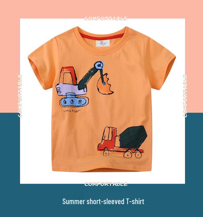 Excavator Cartoon Print Kids' Round Neck Short Sleeve T-shirt for Children and Teens 2026