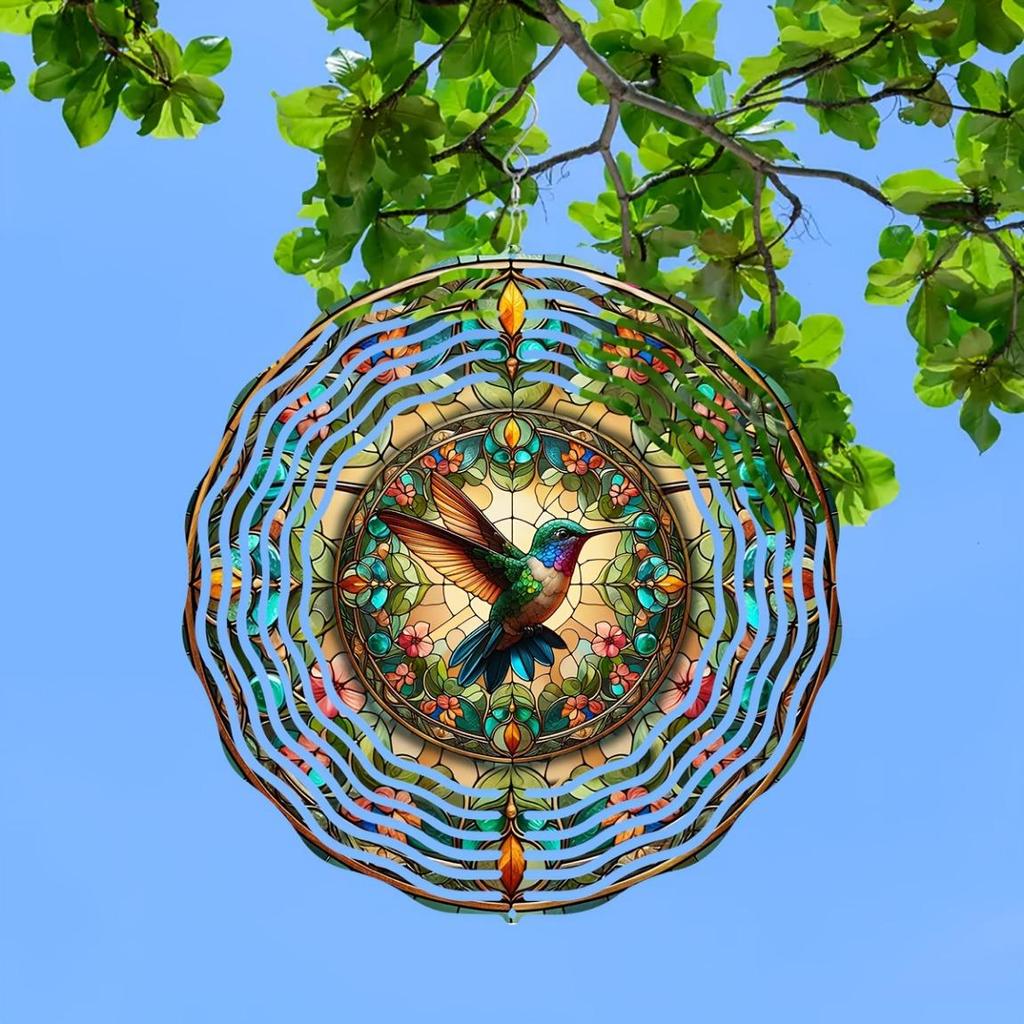 Vibrant 10-Inch Hummingbird Wind Spinner – 3D Kinetic Metal Hanging Ornament with 360° Rotation, Colorful Floral & Butterfly Design for Garden
