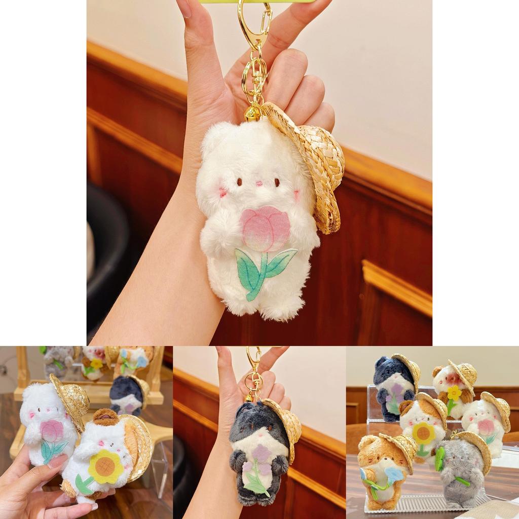 Garden Cat Plush Keychain With Straw Hat And Flower Holding Design For Cute Gift And Accessories