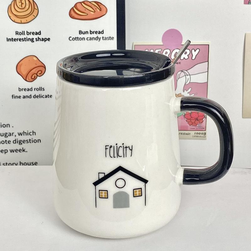 

Cup Ceramic mug with lid spoon Men s water cup Household high-value coffee cup Couple cup Office breakfast cup 301-400ml