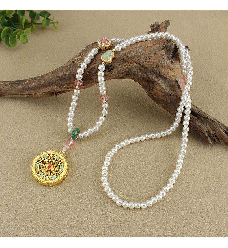 Retro Five Blessings Imitation Pearl Necklace with Cloisonné Pendant - Chinese Style Long Beaded Accessory