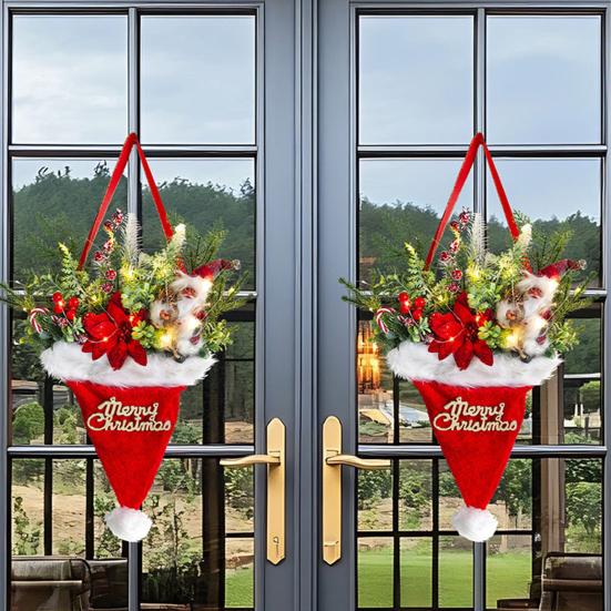 Hat Wreath LED Lighted Santa Hat Wreath with Artificial Pine