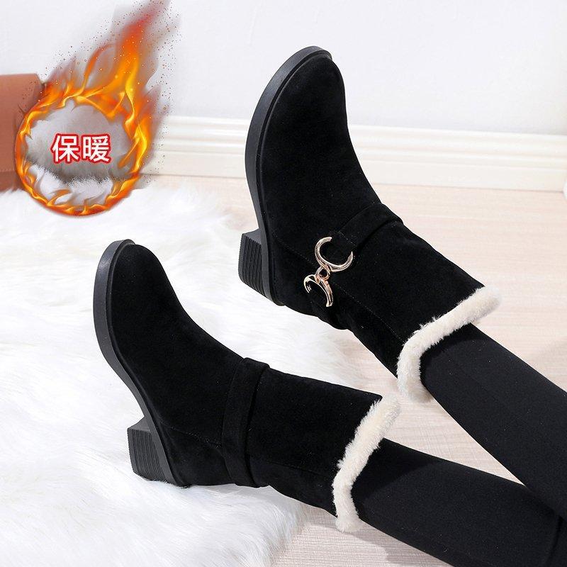 2025 Autumn and Winter Thick Heel Velvet Warm Snow Boots Women's Short Boots Wish Foreign Trade Fashion Simple Suede Thickened Cotton Shoes
