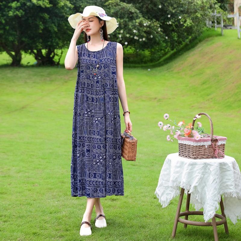 Summer  Women Plus Size Boho Dress Long Maxi Sundress Party Dress Elegant Vestidos Print O-neck High Waist Sleeveless