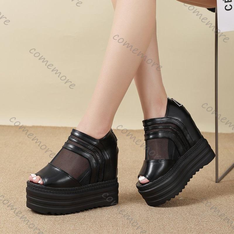 Fashion Comemore Fischmaul-Sandalen für Damen Weiß Schwarz Sommer Plateau Retro Mesh Atmungsaktiv Dicke Sohle Römisch Hoher Absatz Sandalen