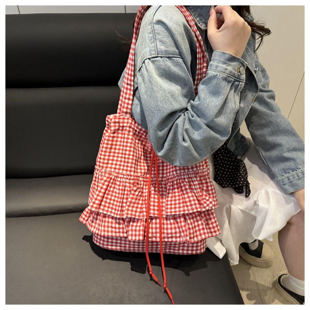 Korean Style Lotus Leaf Shoulder Bag Fashion Plaid Tote Bag Vintage Drawstring Bag  Storage Bag