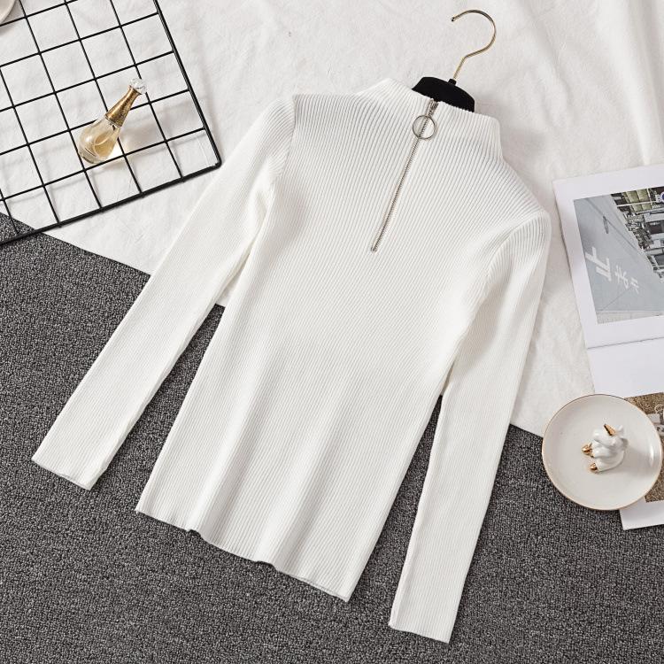 Knitted Women Zipper Half High Neck Ring Zipper Slim Top Sweater Pullovers Autumn Winter Basic Women Sweaters Slim Solid Knitwear Pull Femme Tops