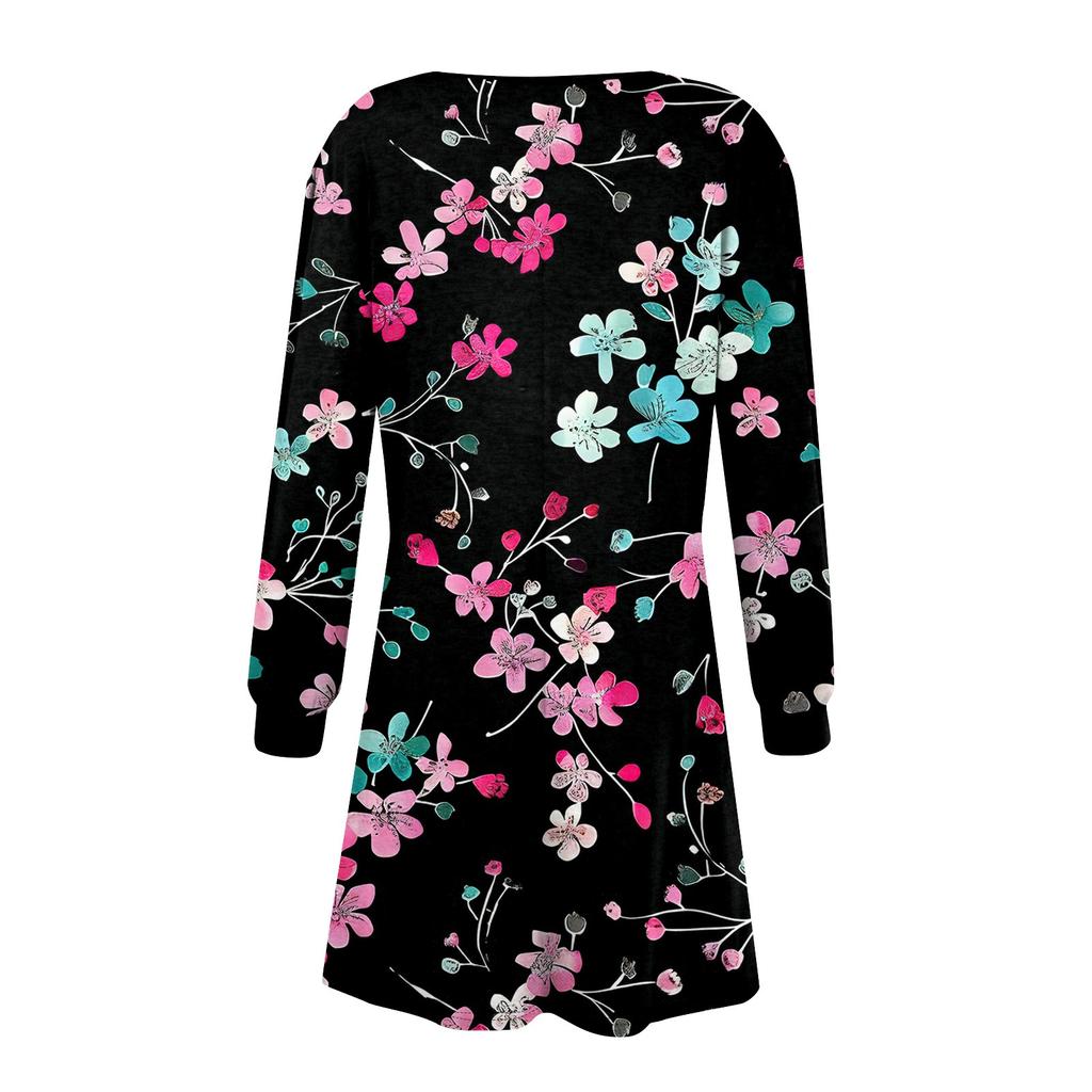 Damen Langarm A-Linien-Kleid Lässiger Pullover Mit Knopf Lockere Passform Kleid Mit Taschen