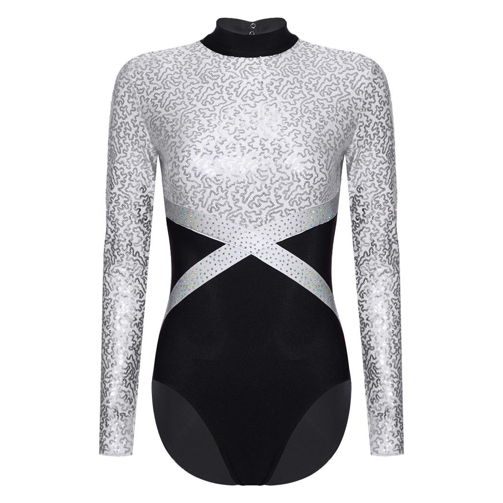 Glänzender Pailletten-Gymnastik-Leotard für Damen, Kontrastfarbe, Langarm, Rücken Ausgeschnitten, Einteiliger Body, Eiskunstlauf-Bekleidung