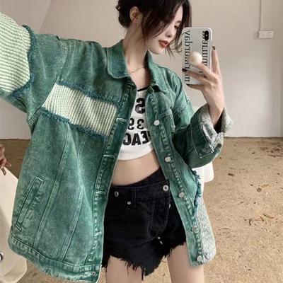 Damen Frühling und Herbst Persönlichkeit Do Old Denim Jacke Langarm Color Blocking Design Jacke