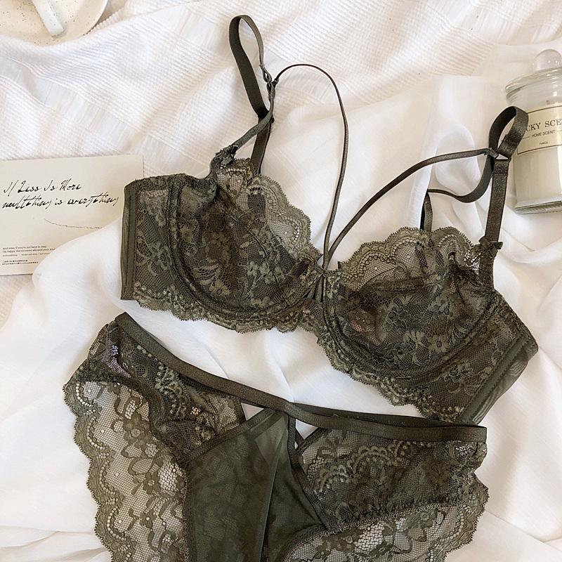 French Ultra-Thin Lace Push-Up Bra Set with Side Support, Underwire, for Large Busts