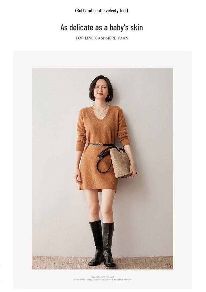 Cashmere Knit U-Neck Mid-Length Sweater Dress - Autumn/Winter Loose Fit Japanese Style.