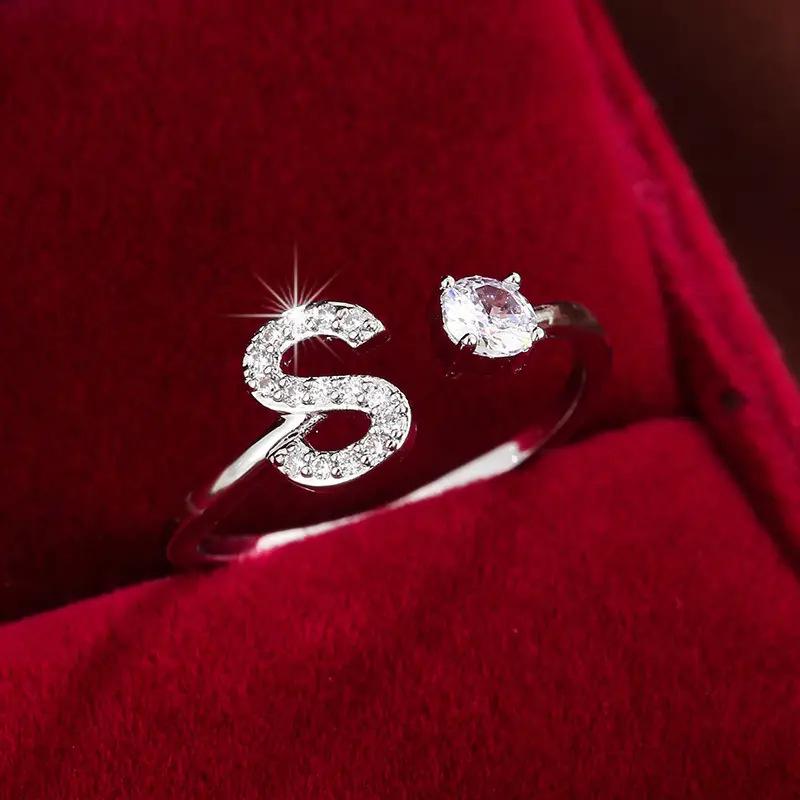 26 English Letter Micro-set Zircon Fashion Women's Ring, Copper-plated 14K Open Plain Ring