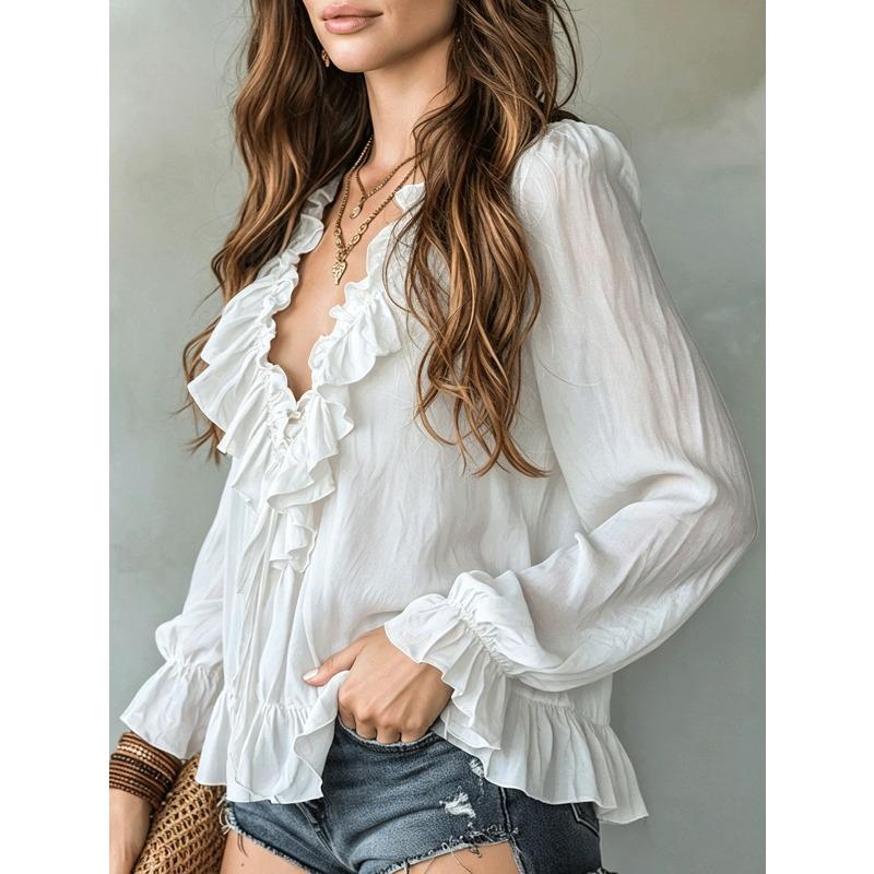 BITCED Women's Fashion Casual Long Sleeve V-Neck Blouses & Shirts