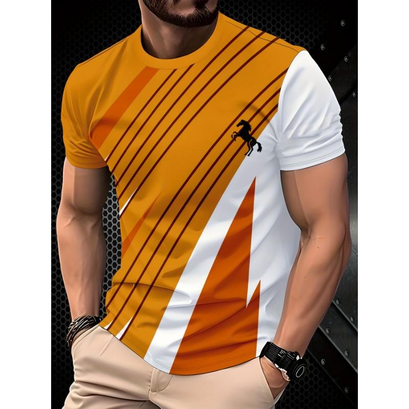 

Men s Fashion Stripe Yellow and White Splicing 3D Printed Short Sleeve Comfortable to Wear S