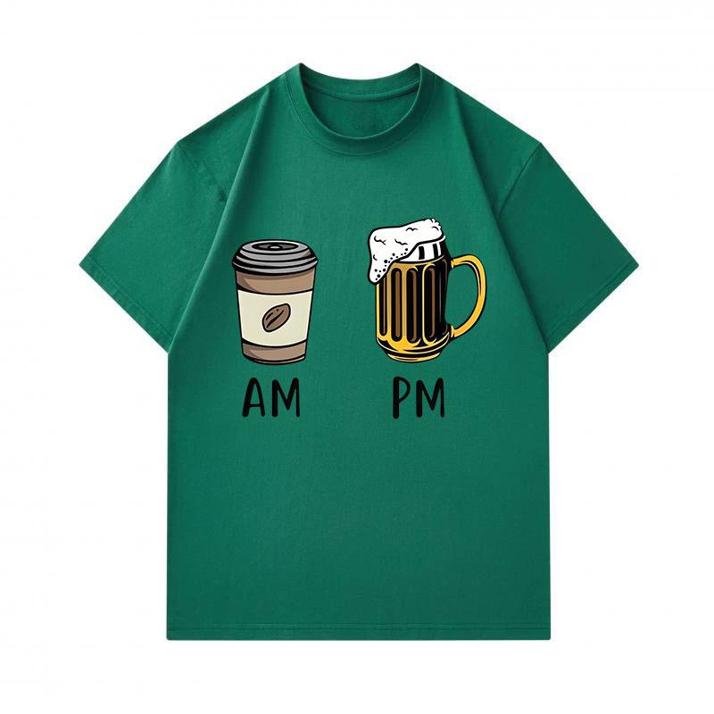 Men's 100% Cotton Crew Neck Short Sleeve T-Shirt, Funny AM Coffee PM Beer Graphic Casual Daily Wear Tee, Soft Breathable Summer Top for Men