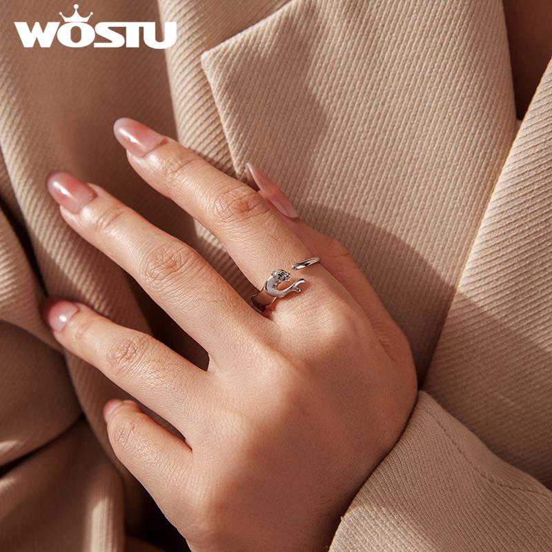 WOSTU S925 Silver Panther Leopard Ring for Women Elegant Big Cat Animal Adjustable Rings With Green Crystal Eyes Statement Gift