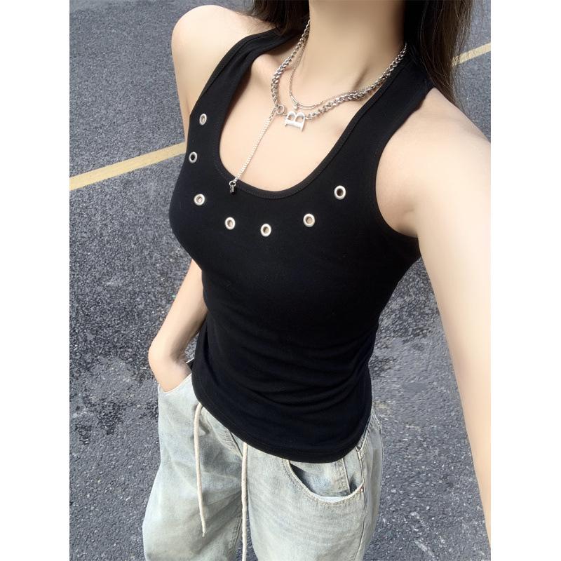 2026 Summer Women s Slim Fit U-Neck Racerback Tank Top - 92% Cotton/8% Spandex, Solid Color, Backless L