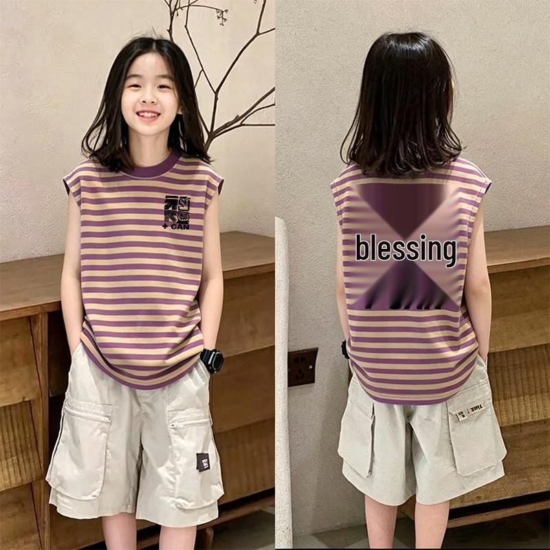 Girls' Korean Style Striped Sleeveless Tank Top - Trendy Summer Wear for Ages 6-12