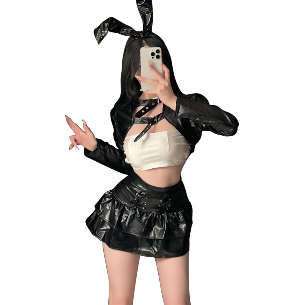 Bunny Girl Bunny Cosplay Halloween Costume Erotic Transparent Sexy PU Leather Glossy Open Chest Extreme Costume Costume Cute Moe Photography Set of 4