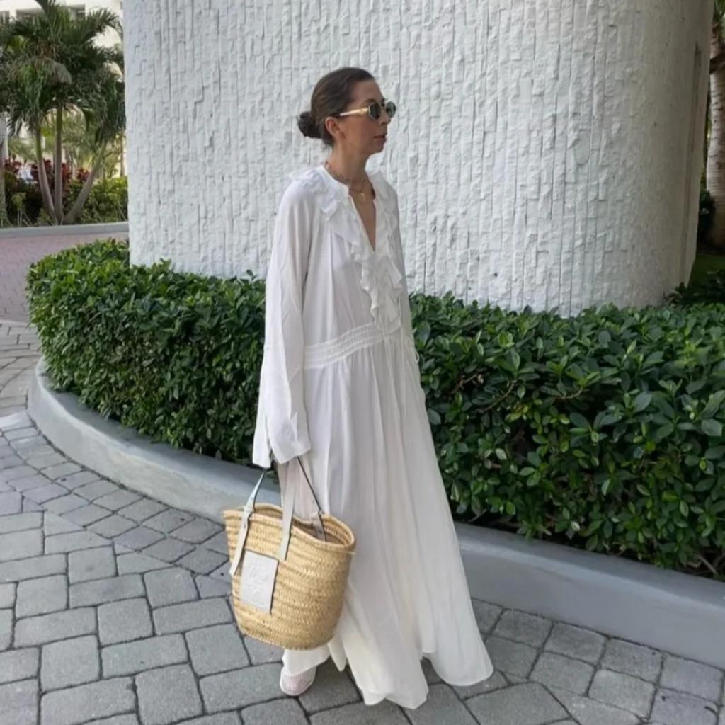 Rochii Lungi Elegante Albe Largi din Gaze Femei Casual Decolteu în V Mânecă Lungă Cloche Robe Lungi Noi Femei Rochie de Birou High Street