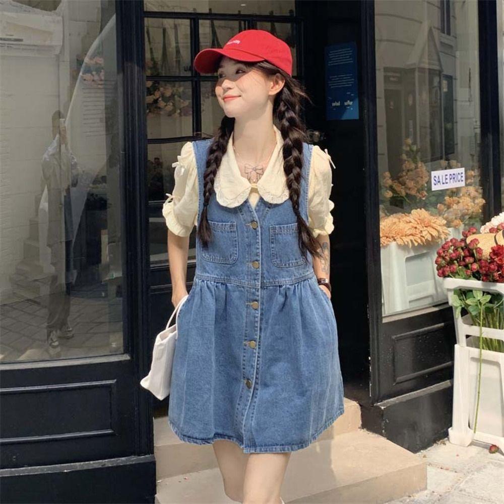 Pleated Cowboy Strap Dress V-neck Sleeveless Short Dress Sweet Denim Camisole Dress  Beachwear