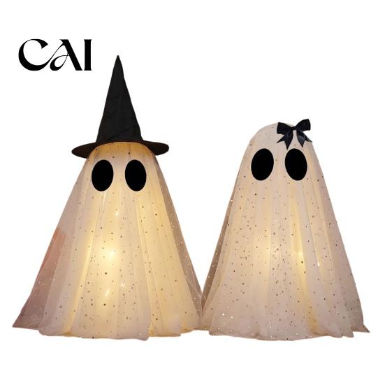 Halloween Party Table Centerpieces Ghost Decor, Spooky Sequin Mesh Fabric with Witch Hat/Bow, Soft Atmosphere Ornaments Small Standing Tabletop