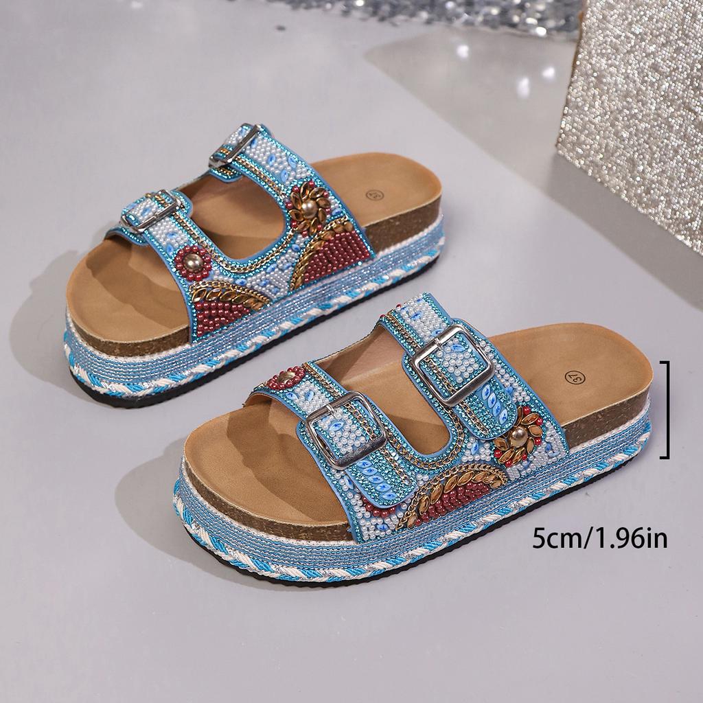 Women's Plus Size Summer Platform Chunky Sole Color Block Rhinestone Double Buckle Cork One Strap Slide Sandals