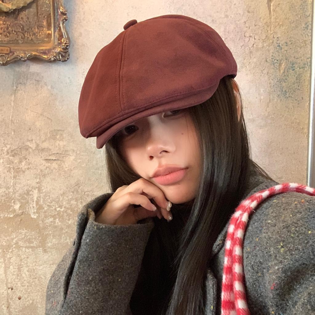 Korean Style Suede Forward Hat for Women In Autumn and Winter Design Shows Small Big Head Without Duck Tongue Beret