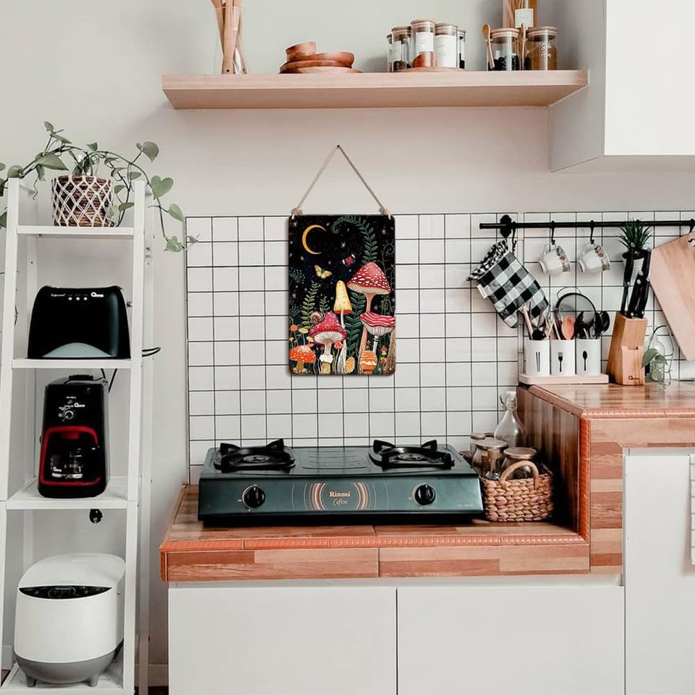 YOYI ART Cute Mushroom Wall Decor Sign - Vintage Metal Tin Sign for Bedroom, Bathroom, Cottage Enchanted Forest Room, Kitchen wall Decor art