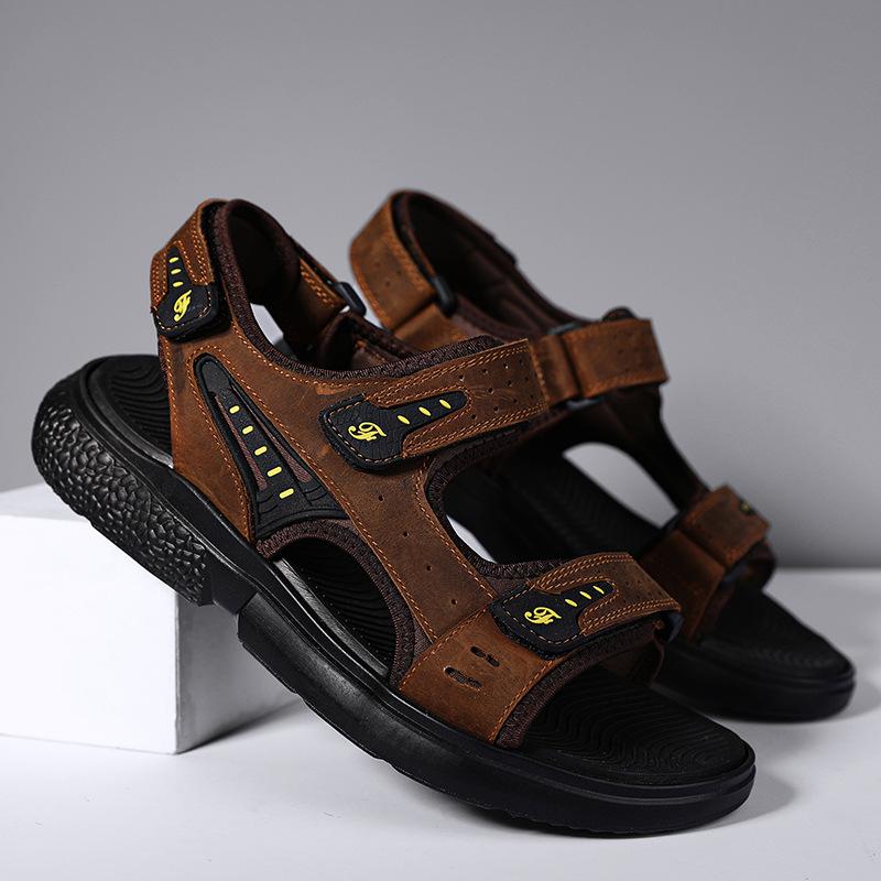 

Summer 2025 new large size first layer cowhide explosion casual men s sandals outdoor handmade Velcro men s shoes 38 коричневый