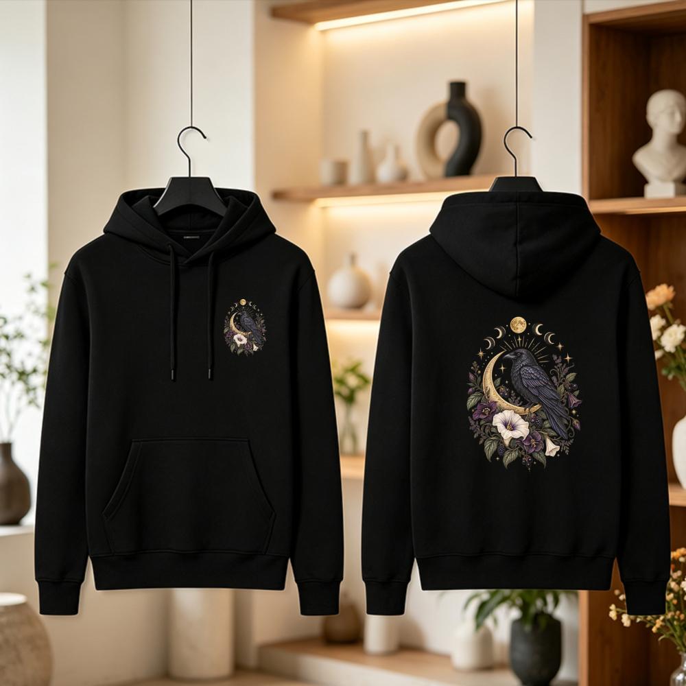 Witchy Raven Hoodie Celestial Moon Long Sleeve Gothic Floral Crow Sweatshirt Botanical Moon Phase Pullover Dark Cottagecore Gift