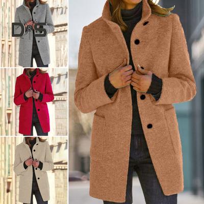 Damen Herbst Wintermantel Stehkragen Nackenschutz Dick Einfarbig Warm Winddicht Mittellang Einreihig Strickjacke Langarm Damenmantel