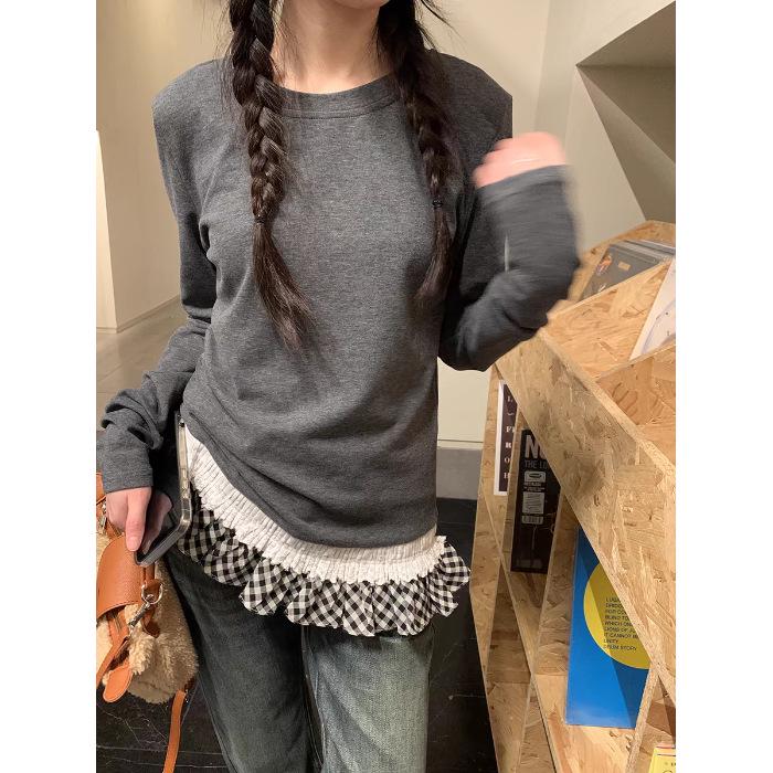 Plaid Contrast Lace Ruffle Long Sleeve Women s Velvet Ribbed Top XL