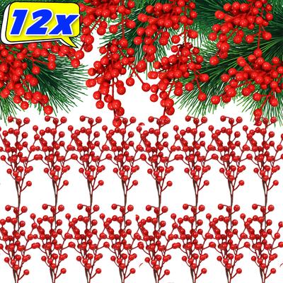 12 Gabeln Künstliche Beerenzweige Rot Weihnachtsbeeren Stiel Sträuße Weihnachtsbaumschmuck DIY Kränze Partydekoration