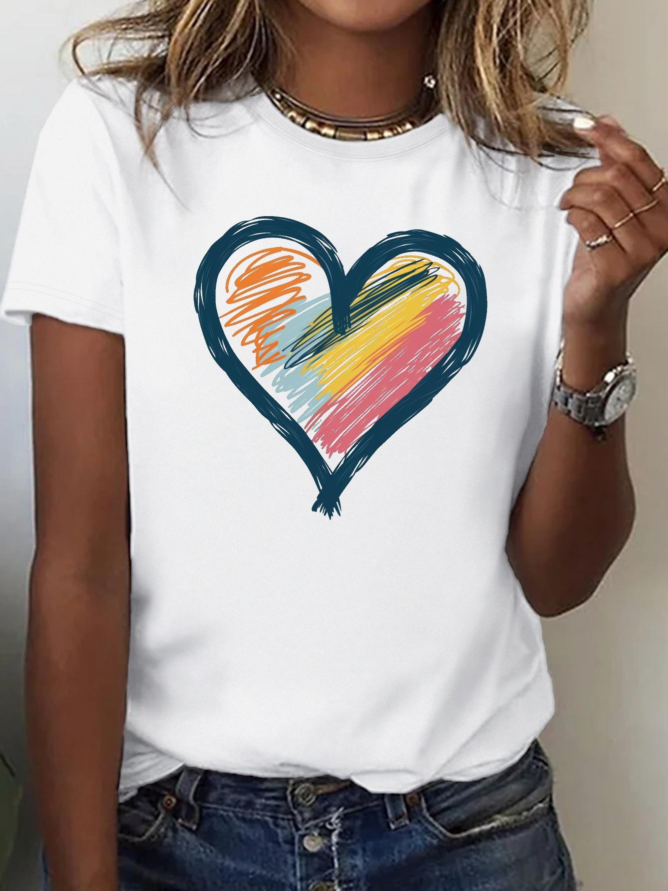 

Ladies Soft Tshirt with Bright Hand Painted Heart shaped Design Comfortable Casual Fit Round Neck Summer Short Sleeved Shirt S